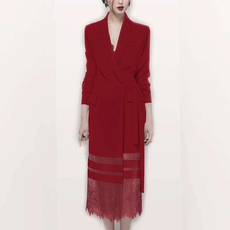 

Latest Design Spring Ladies One Piece Dress Lapel Coat Elegant Blazer Lace Maxi Dress