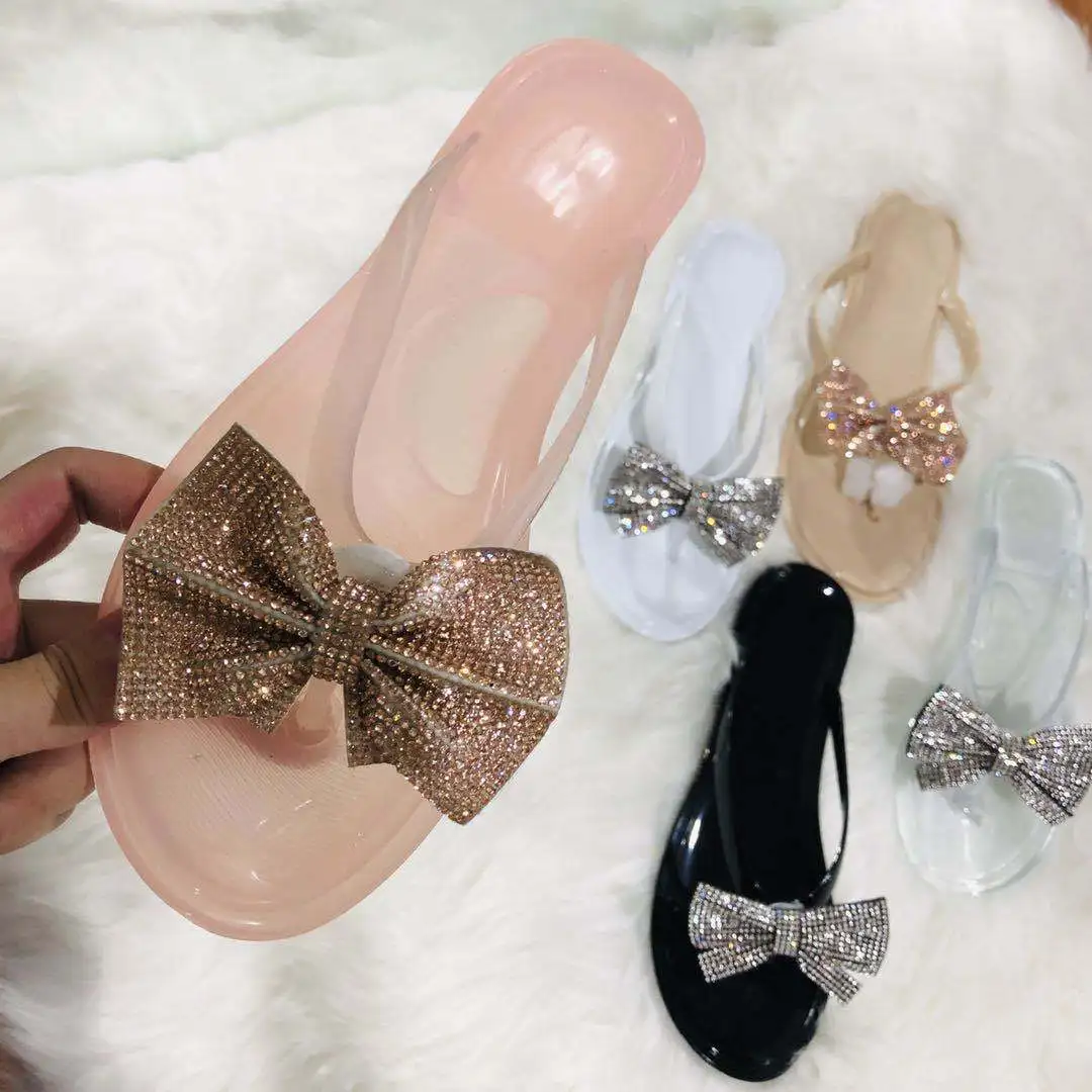 

With Crystals Women Sandals Transparent Outside Solid Open Toe Bling Shallow Butterfly-knot Flat Jelly Bow PVC Hook & Loop Qifa