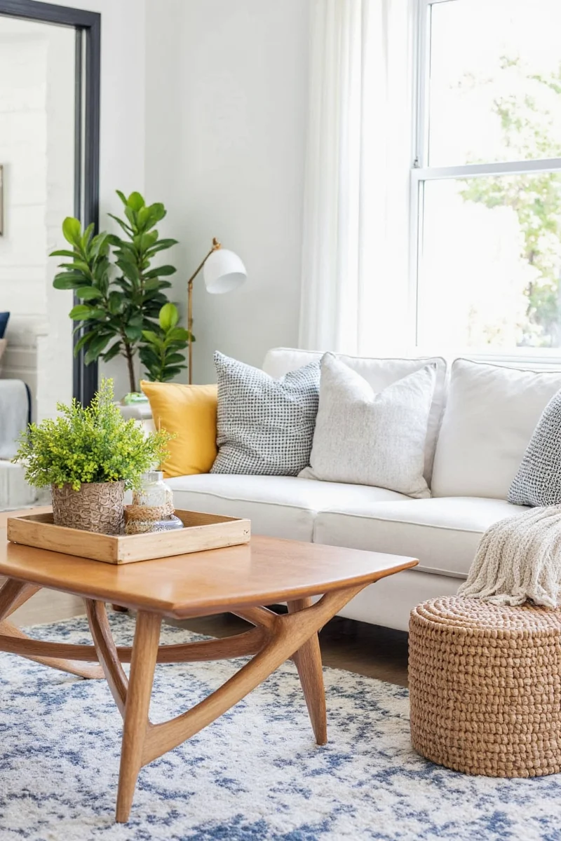 DIY floating shelf with seashells, painted jars, and twine details