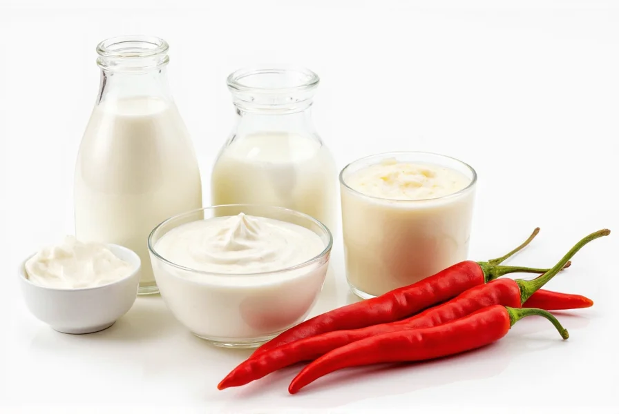Various dairy products including milk, yogurt, and sour cream arranged next to fresh chili peppers