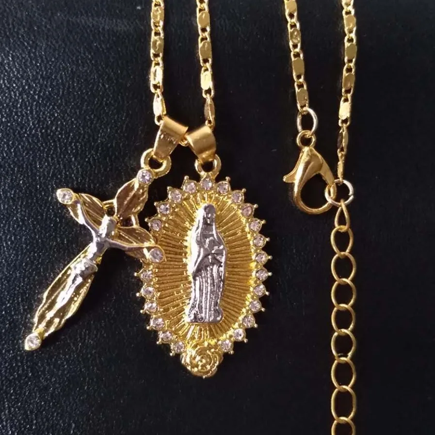 

18k Gold Plated Catholic Crucifix Cross Necklace Diamond Jesus Virgin Mary Cross Pendant Necklace for Women, Picture shows