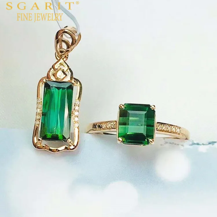 

SGARIT wholesale new style modern girl party jewelry 18k gold natural tourmaline stone necklace pendant ring set