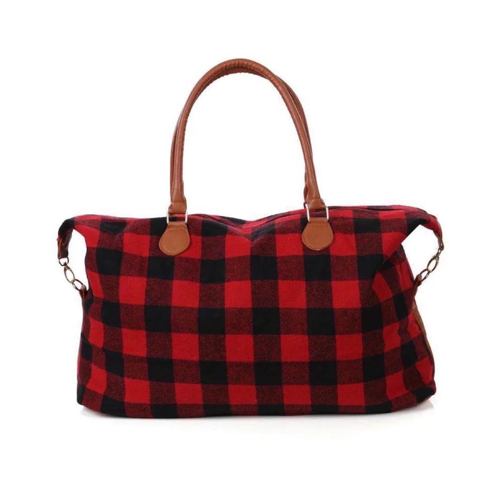 

2020 Women Cow Print Travel Handbag Buffalo Plaid Weekender Bag