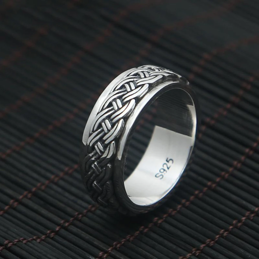 

Rotatable Mens Rings Vintage Punk Hemp Rope Design Real 925 Sterling Silver Fine Jewelry