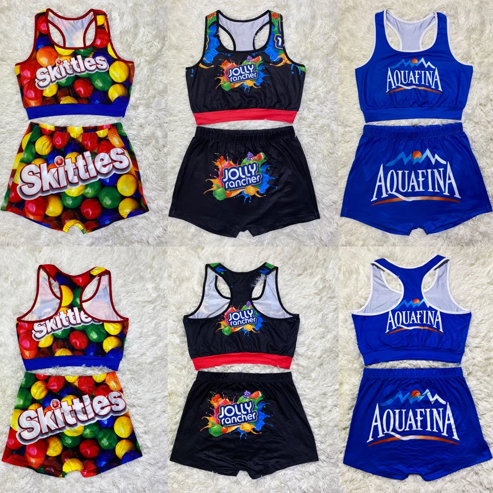 

2021 Best Selling Cute Pattern Printed Sexy Two Piece Short Set Crop Top Tank Top Yoga Set 2 Piece Outfit For Women