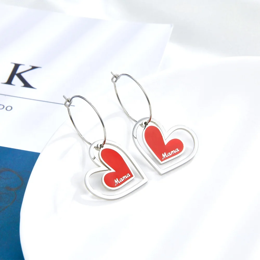 

New Design Large And Small Heart-Shaped Mama Red Enamel Process Stainless Steel Earrings For Women