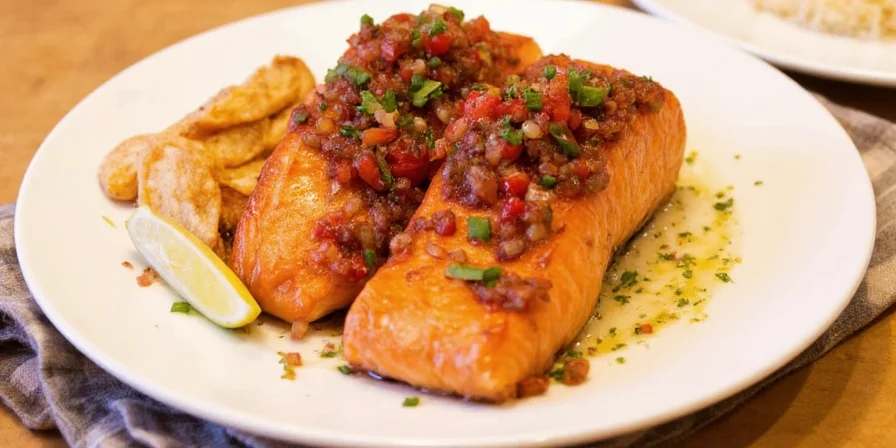 Fresh mango-cucumber salsa served with salmon