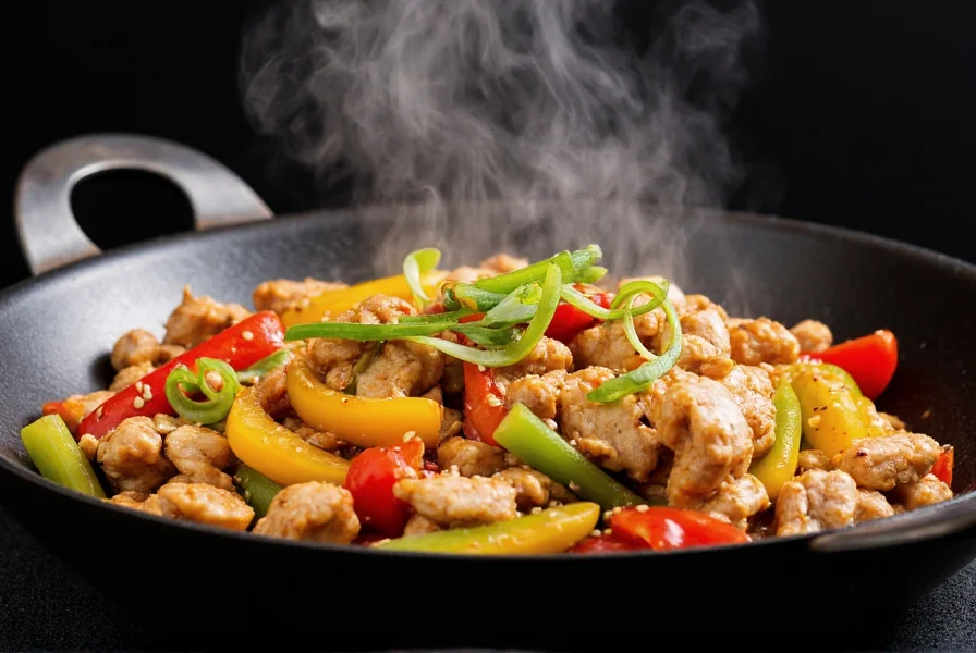 Professional food photography of chicken and bell pepper stir-fry in black wok with steam rising, vibrant red yellow and green peppers, golden chicken strips, garnished with sesame seeds and sliced green onions