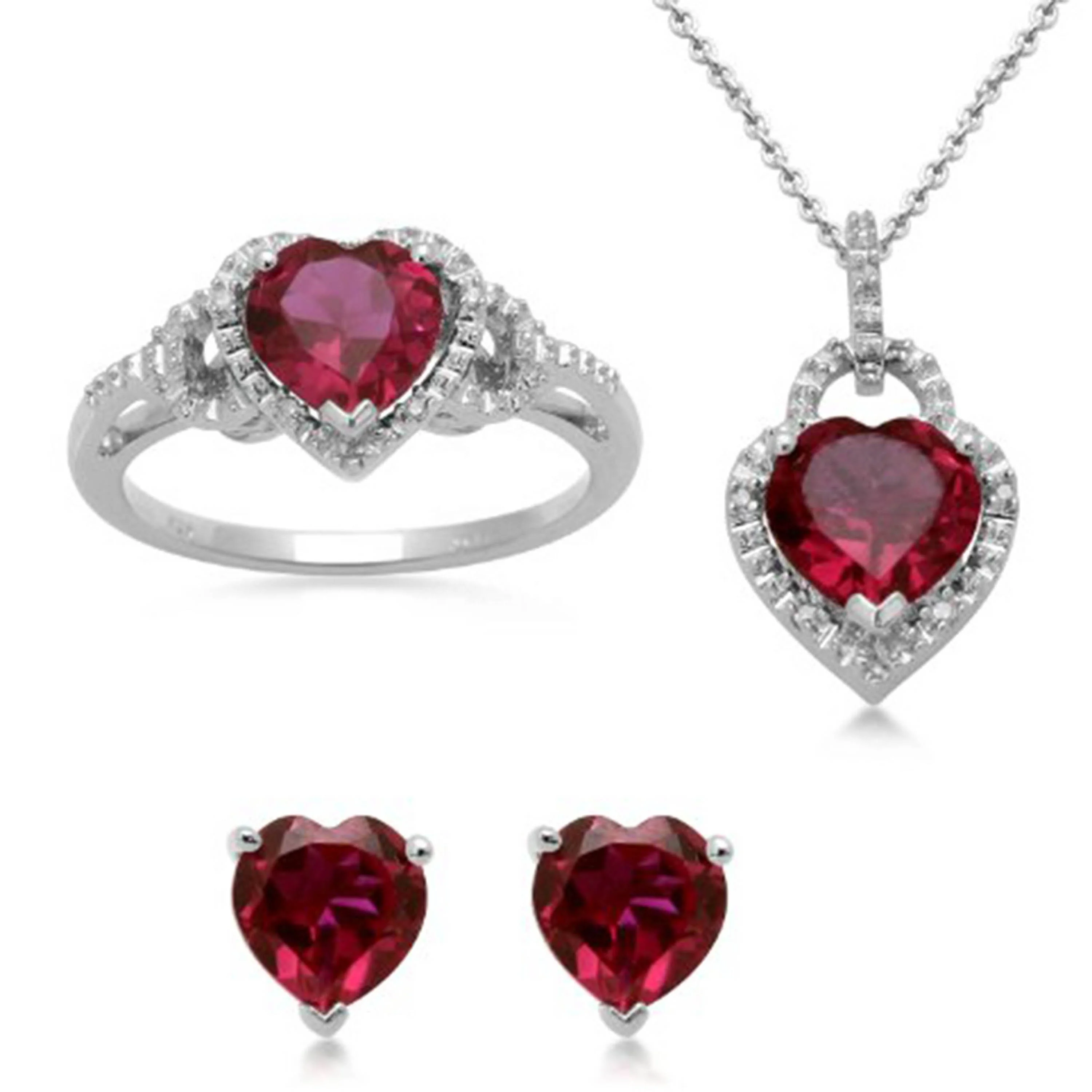 

Classic Jewelry 925 Sterling Silver Heart Shape Ring , Pendant ,Earrings Garnet Jewelry Set