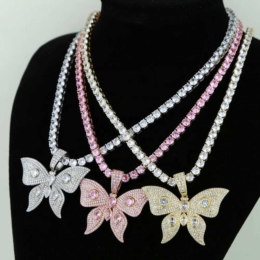 

TOP Quality iced out bling butterfly jewelry clear pink cubic zirconia micro pave cz butterfly pendant women necklace, Black