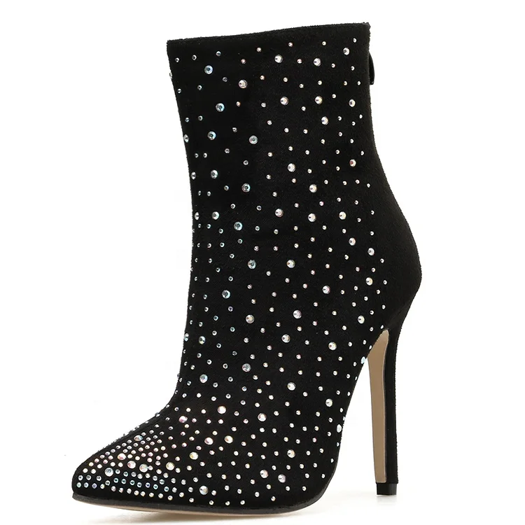 

Tiny Rivet Studs Women High Thin Heel Ankle Boots Black Solid Stiletto Booties Lady Pointed toe Dress Zip up Short Boots