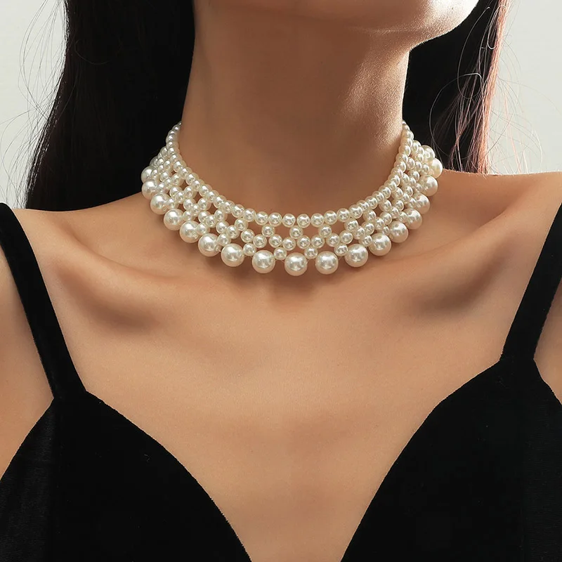 

New Arrival Boho Multi Strands Hand-Woven Pearl Choker Necklace Bohemia Knitting Pearl Necklace For Lady