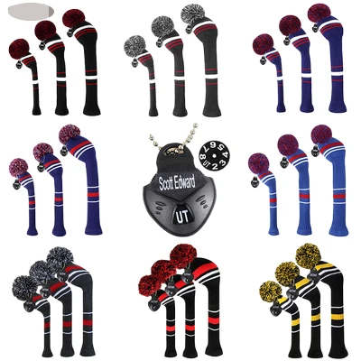

Edward 3pcs/set Golf Knit Golf Headcover with Classic Red White Stripes Fluffy Pom Double Layers for Driver Fairway Hybrid