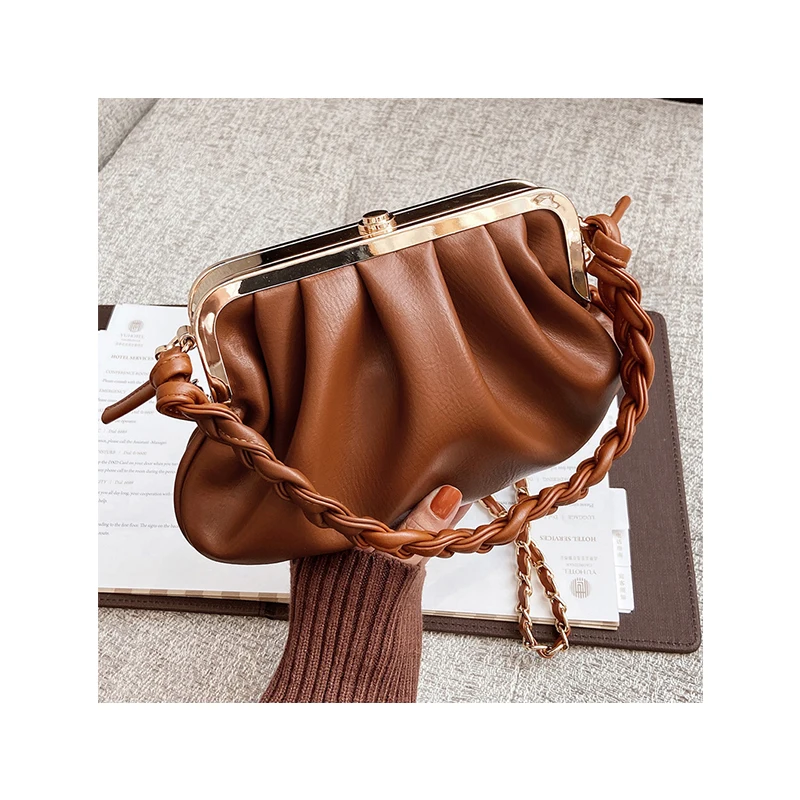 

Luxury Women Bag Solid Color Bucket Handbags Elegant Ruched Weave Handle Shoulder Bags 2021 Designer Chain Crossbody Purse Sac