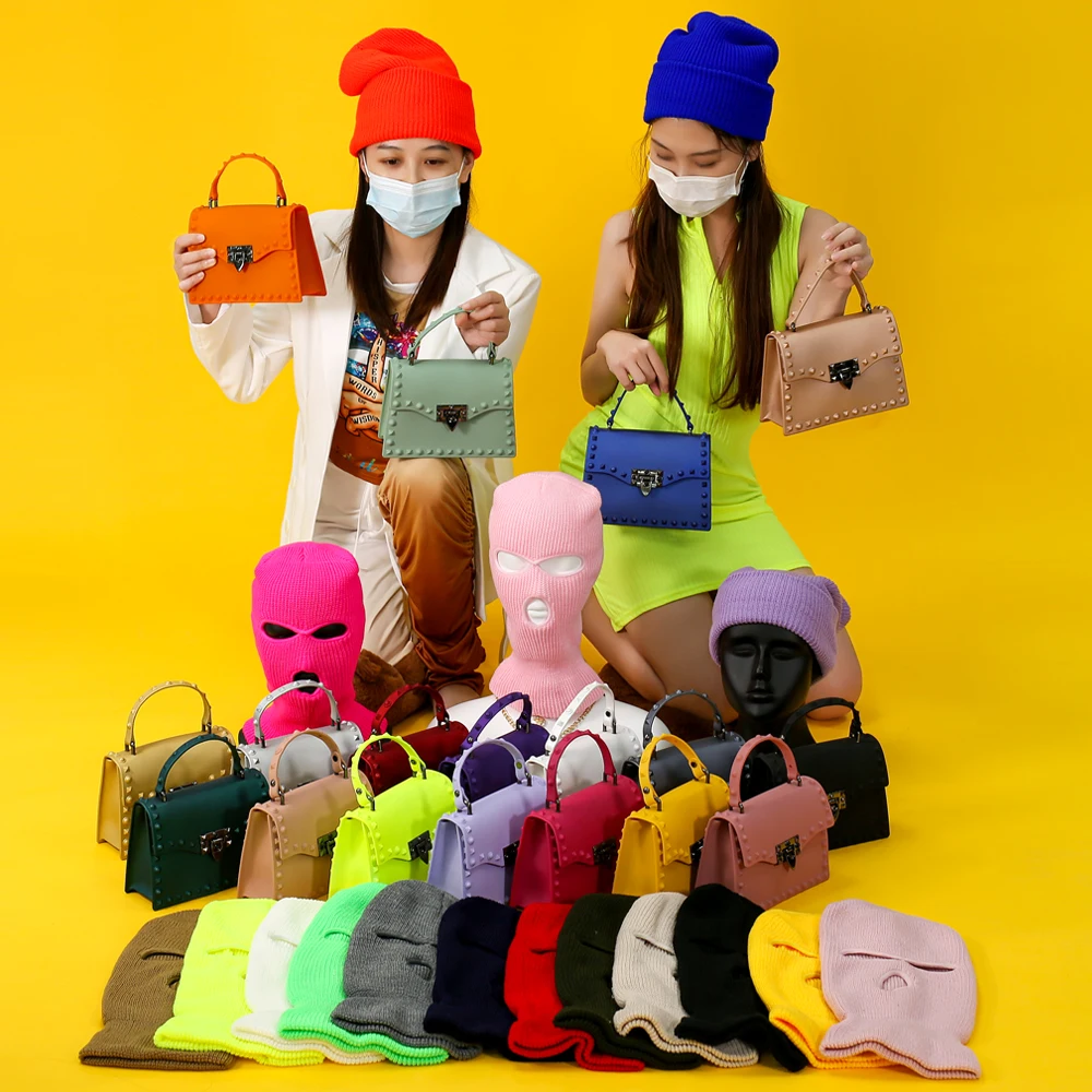 

Hot Sale Ins Star With The Same Fashion High Quality Designer Winter Knitted Hat&PVC Rivet Diagonal Handbag Women Hand Bags, 16 colors