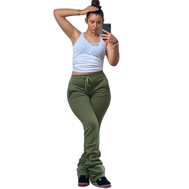 

2021 OEM Chinese factory wholesale women high waist pants with front tie elasticity stacked pants