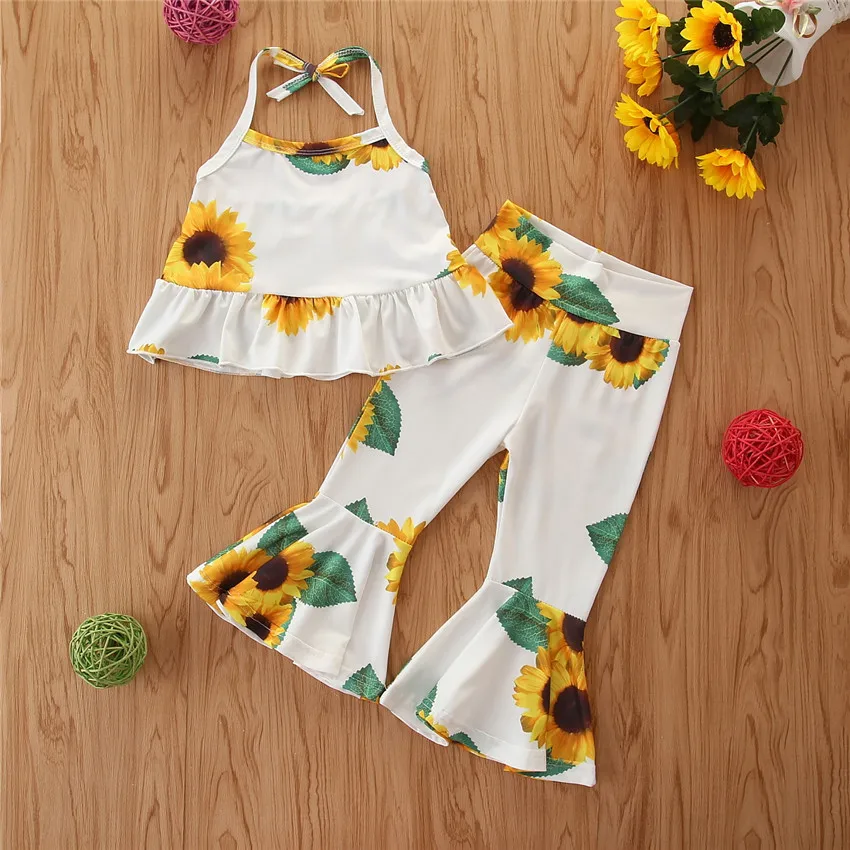 

1-6Y Flower Toddler Baby Kid Girls Clothes Set Summer Sunflower Vest Tops Flare Pants Outfits Children Costumes, As picture