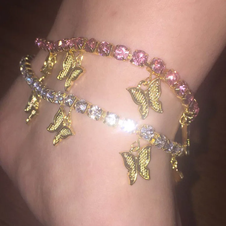 

jialin jewelry Summer beach chain gold plated multi-layer ornaments simple ins anklets women pink butterfly foot chain