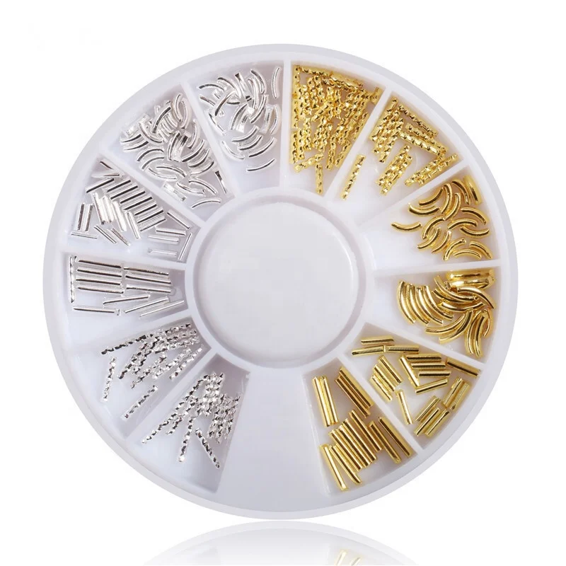 

1 Box Gold Silver Metal Rods Nail Art Decorations Wheels Straight Curve Design Charm 3d Nail Studs Manicure Accessories