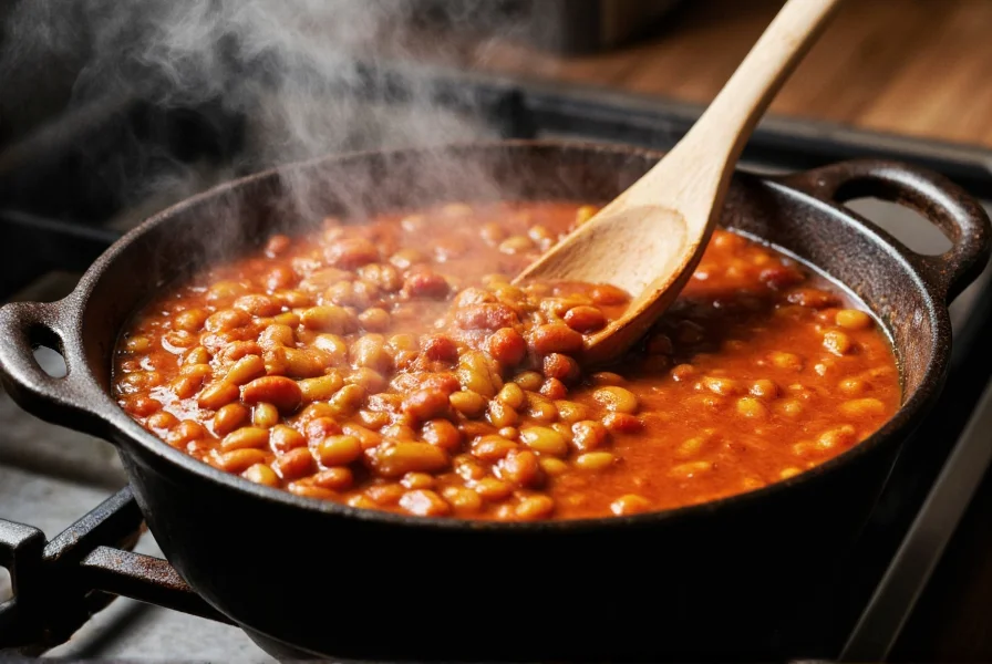 Cast iron pot simmering chili beans on stove with steam rising and wooden spoon