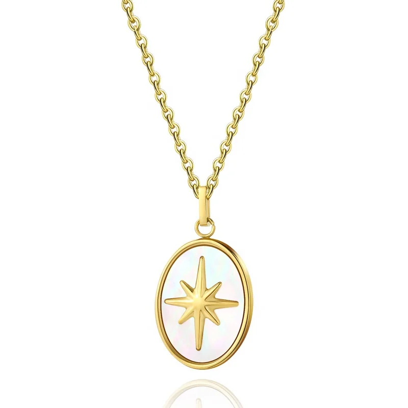 

Eternal Classic Fashion Geometric Jewelry Stainless Steel Gold Plated Oval White Fritillary Star Pendant Women initial Necklace