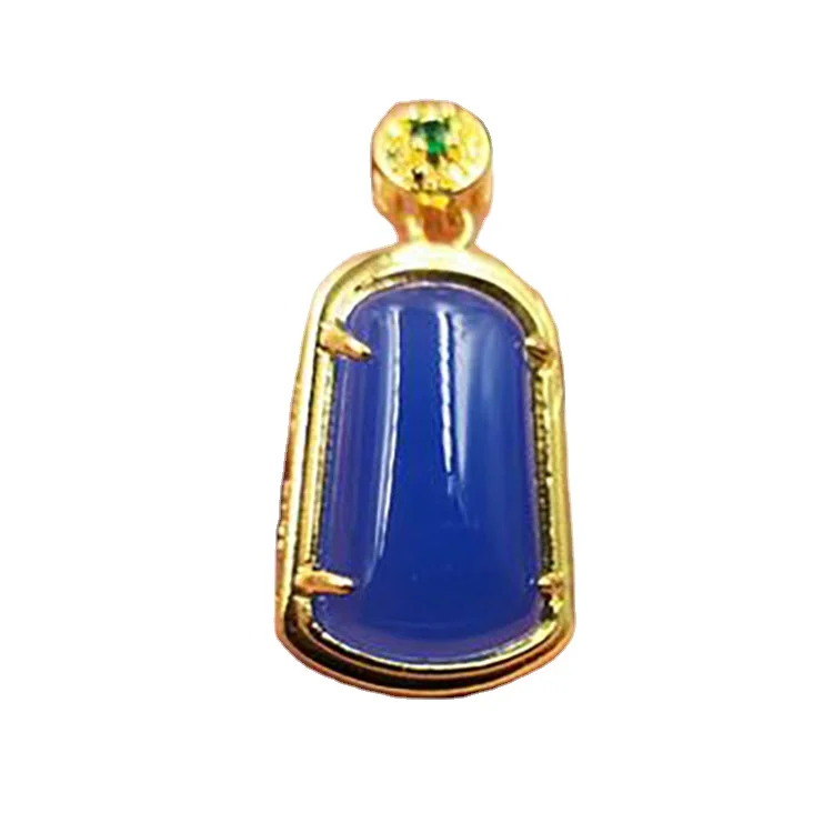 

925 Bright Gold Inlaid Blue Chalcedony Small Square Brand Pendant Trapezoidal Brand Blue Agate Brand