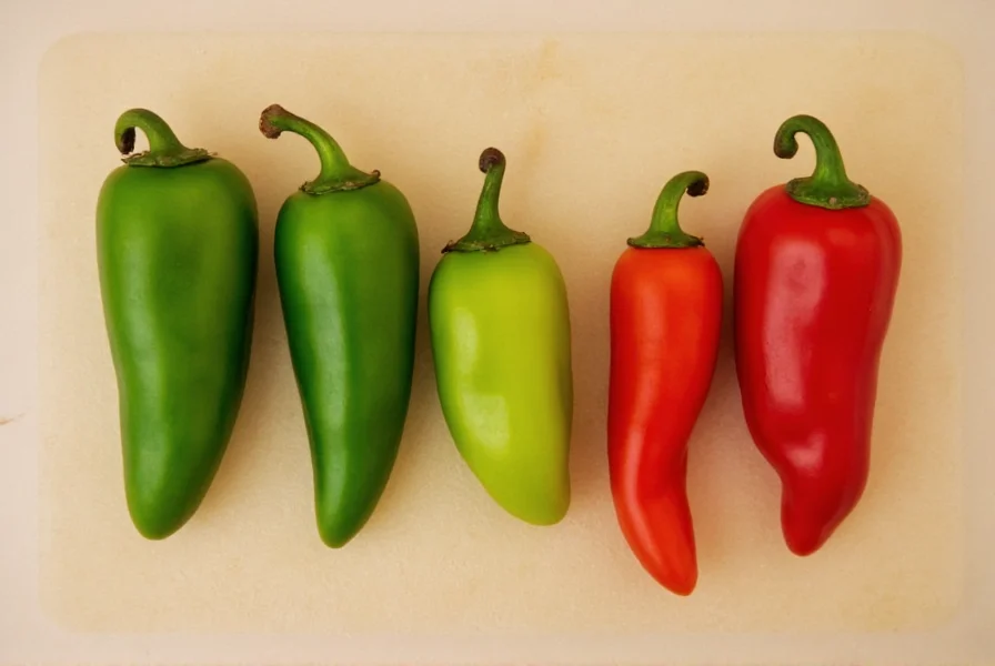 Jalapeño peppers in various stages of ripeness from green to red on a kitchen cutting board
