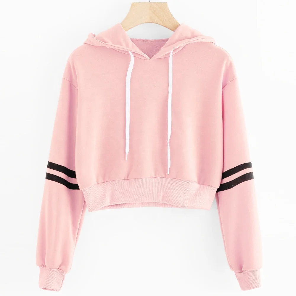 

90% Cotton 10% Polyester Striped Sports Crop Top Hoodie Sweatshirt Custom Crop Hoodies For Women, Shown