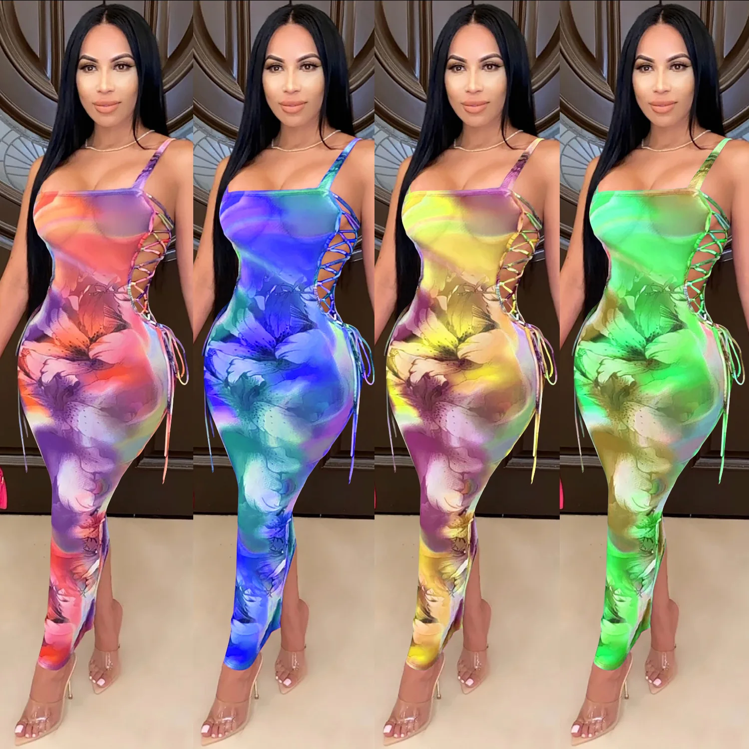 

Sexy Side Lace-Up Mixed Color Bodycon Maxi Dress