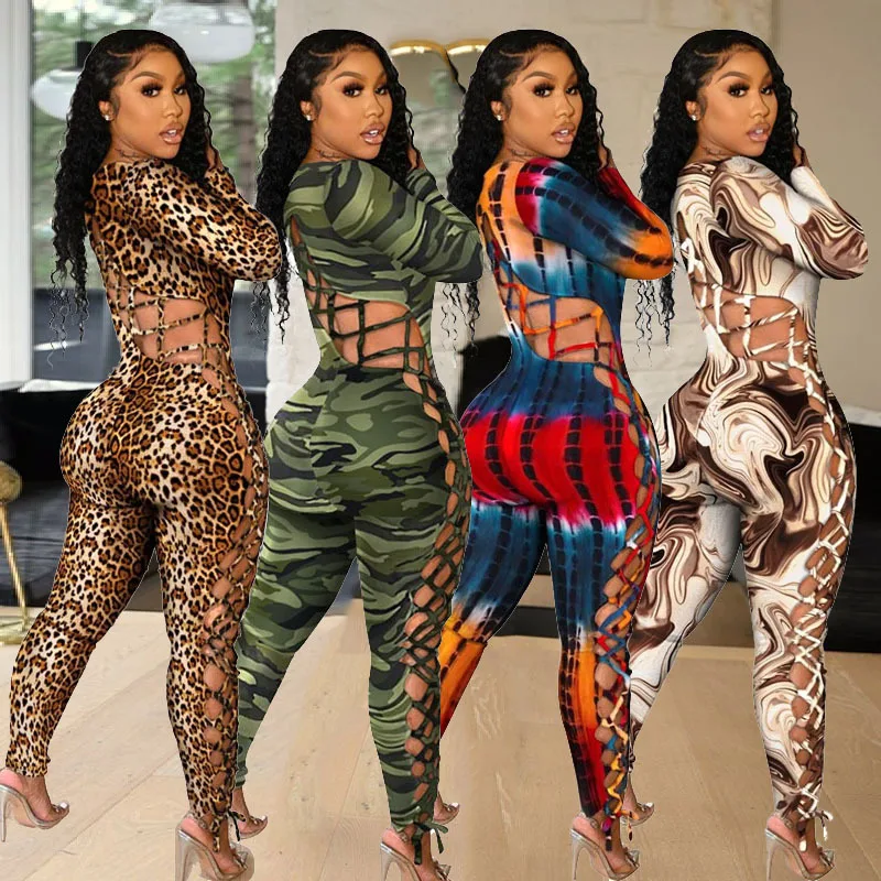 

M3105 Top brand spring hollow out leopard rompers womens backless sexy onesie for women camouflage printed plus size jumpsuits