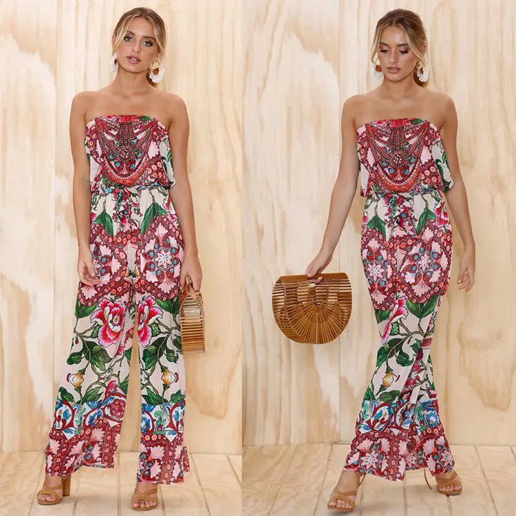 

Floral Print Off Shoulder Women Sexy Strapless Backless Summer Beach Sleeveless jumpsuit loose jumpsuits