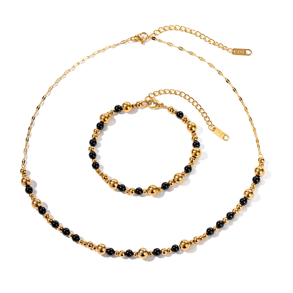 

J&D 18K PVD Gold Stainless Steel Jewelry Minimalist Simple Black Agate Bead Ball Necklace Bracelet Set
