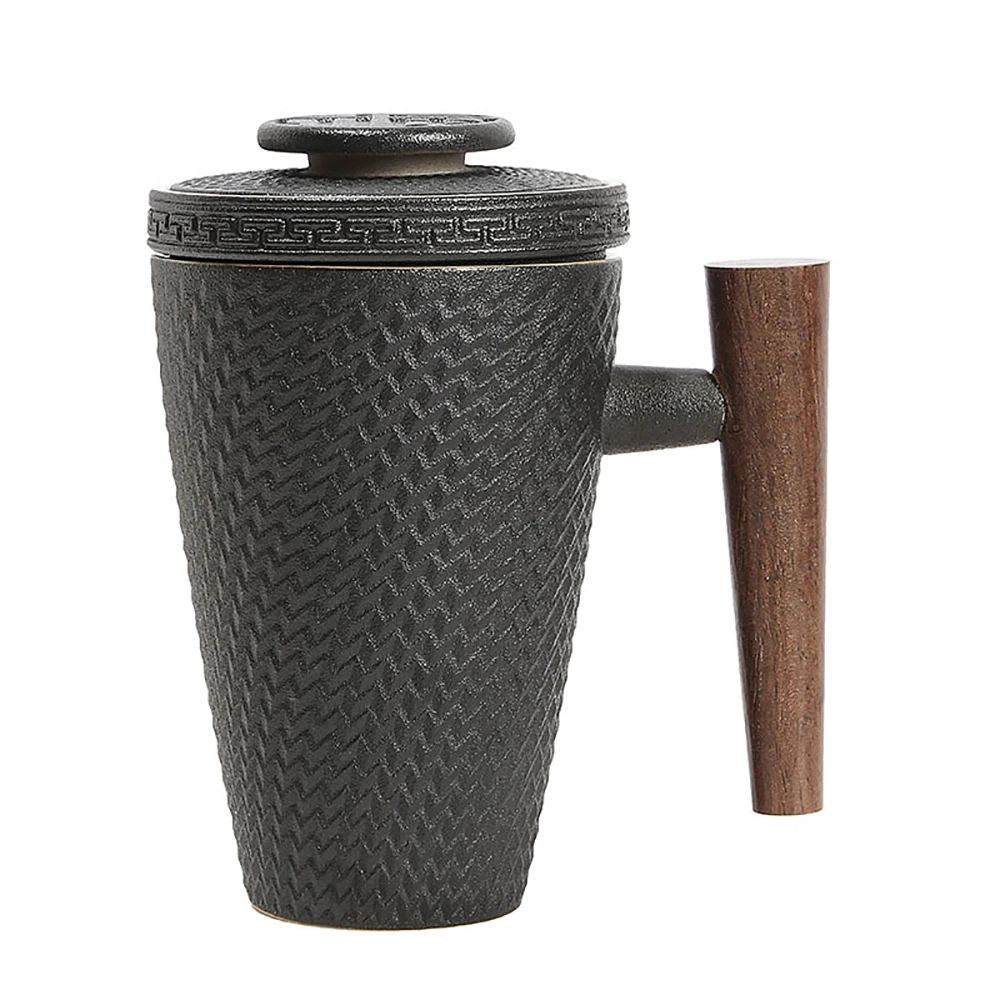 

Amazon Hot Sale Wood Handle Black Pottery Tea Cup Gift Box Packaging Stria Filtering Ceramic Mug