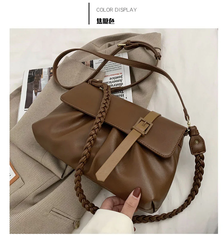 

Wholesale Shoulder Pleated Bag Pu Leather Handbag With High Click, Khaki, green, blue, black, brown, caramel