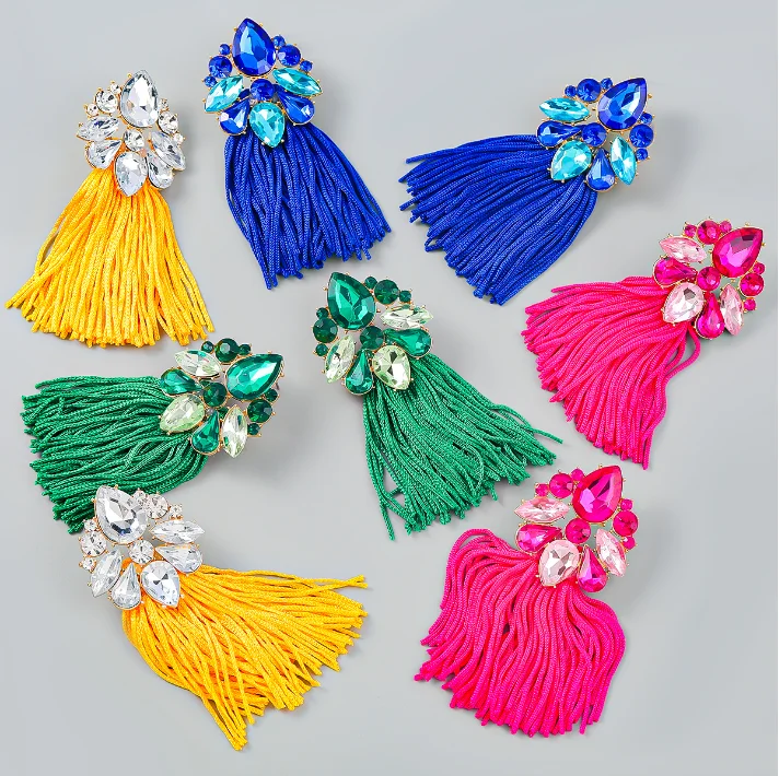 Bohemian Alloy flower crystal Long Tassel Drop Earrings High Quality Statement Earrings Jewelry For Women