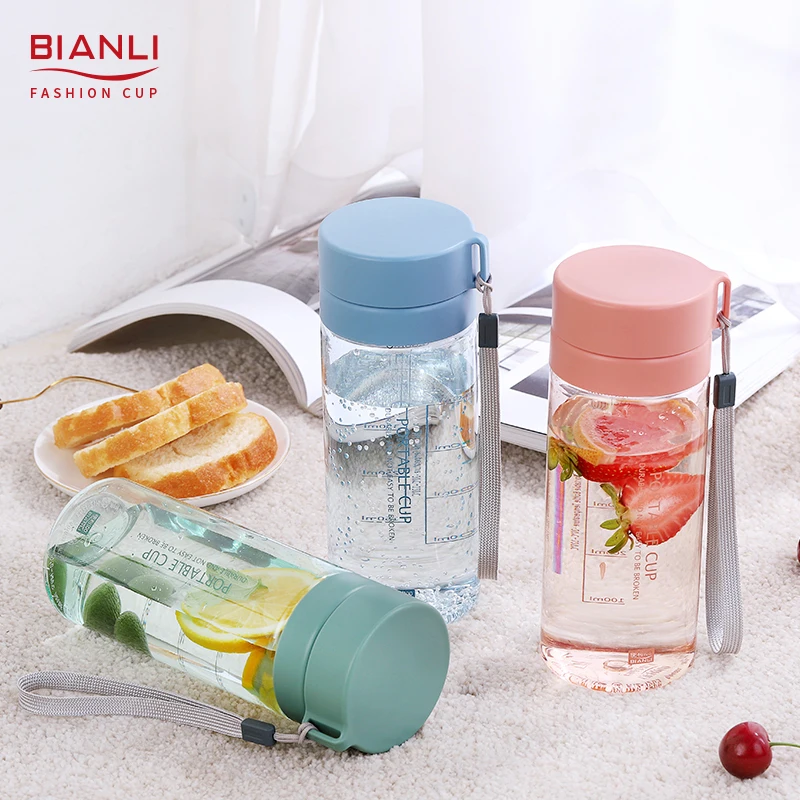 

600ml Sport Gym Custom Logo Tumbler Portable Strap Outdoor Drinking Plastic Tea Filter Clear Water Bottle, Multiple colors