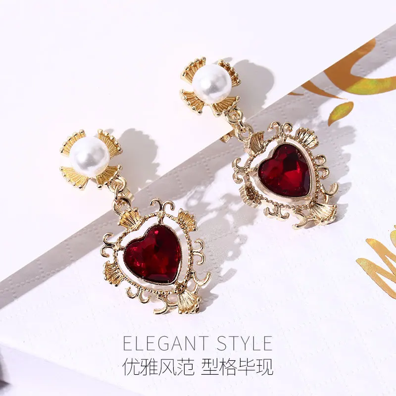 

OUYE 2021 sterling S925 silver needle ear clip baroque palace style retro wine red elegant temperament earrings women, Colorful