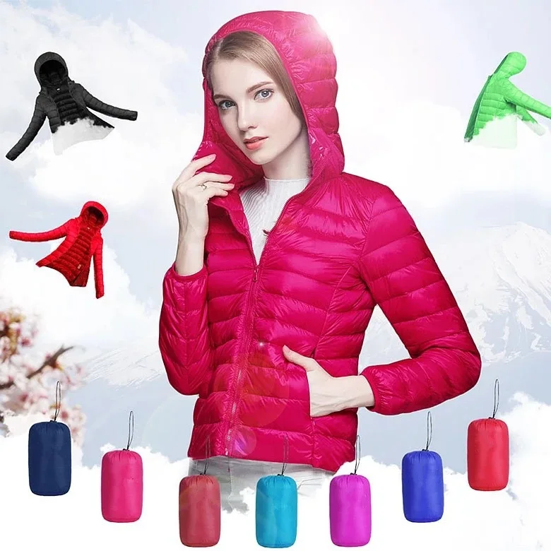 

New Thin Down Jacket Women Autumn Winter Warm Duck Down Hooded Winter Jacket Coat Female Zipper Over sized Parka Outwear, Customized colors