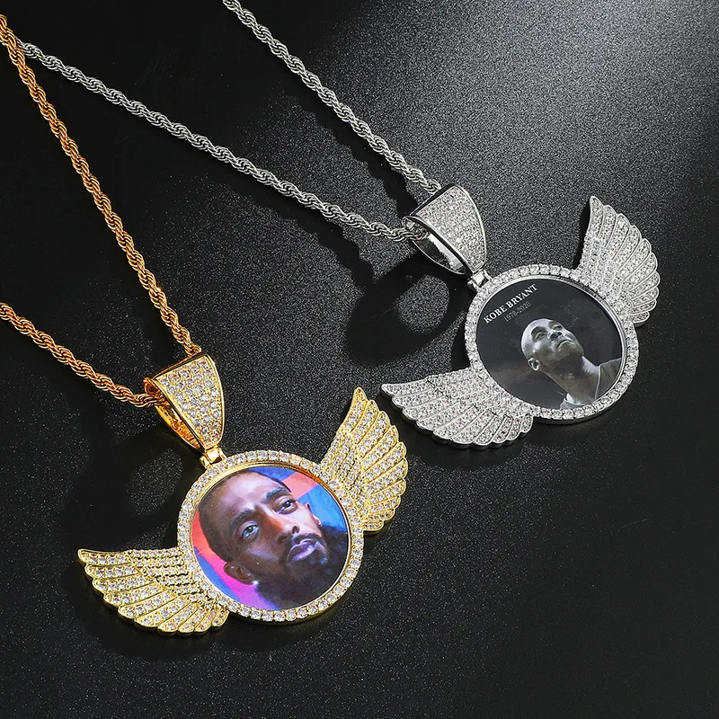 

Hip Hop Photo Pendant Diy Iced Out Photo Frame Round Pendant Wings Necklace With Rope Chain, Picture shows