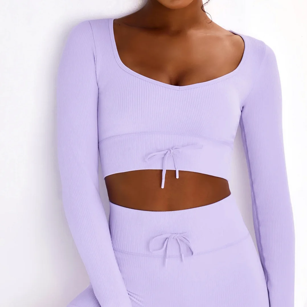 

Aipa Seamless knit waist strap long-sleeved gym suit Low-cut sexy sports top Outdoor workout yoga suit