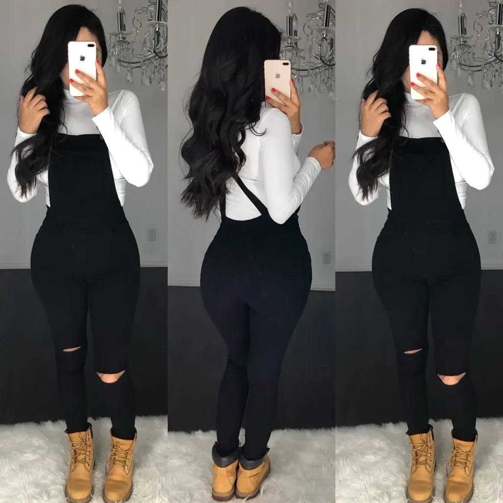 

2020 New Fashion Casual Ripped Denim Suspenders Pockets Ripped Jeans Women