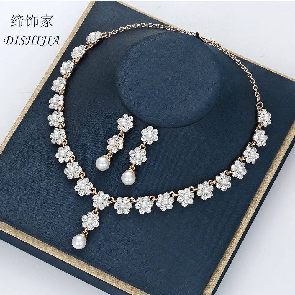 

pearl earrings necklace set for women 2 pieces jewelry sets with silver gold plated chain bridal jewelry set for mother, Picture shows