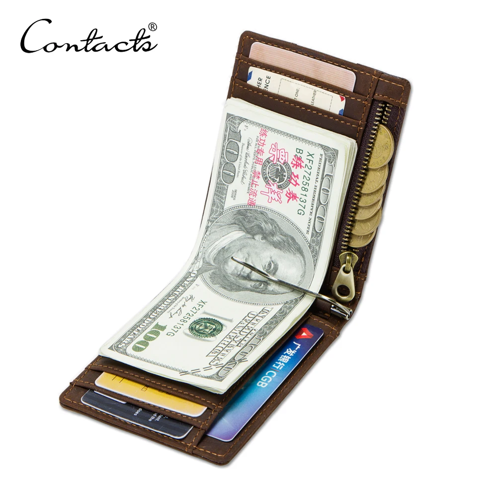 

drop ship contact's factory wholesale crazy horse leather rfid blocking men credit card money clip wallet with coin pocket, Coffee,blue, red, brown or customized color