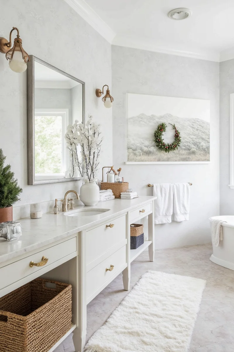 Bathroom decorated with Christmas lights