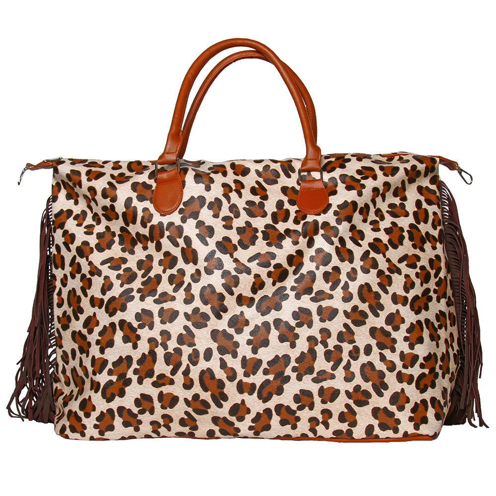 

Free Shipping Leopard Fringe Weekender Boutique Bag Personalized Women Leopard Canvas Overnight Bag with Tassel for Lady, Serape&leopard,leopard,rainbow,sunflower,etc.