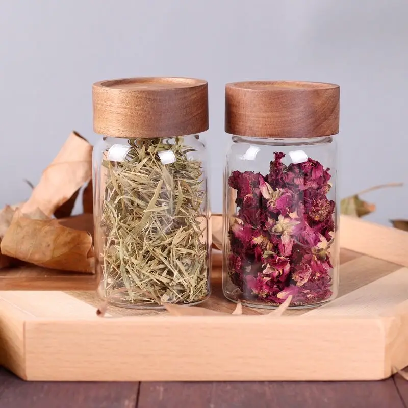 

Spice jars high borosilicate glass storage jar handblown glass jars with wood lid, Clear