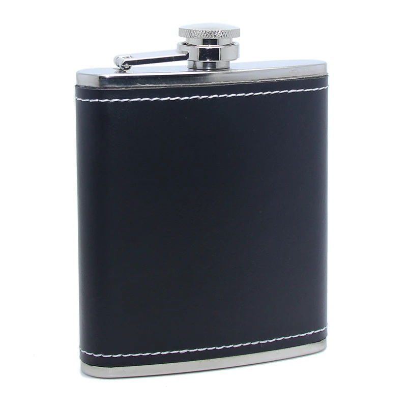 

7oz 200ML Seven Ounce Pocket Travel Hip Flask Stainless Steel with Black Leather Wrapped Cover Hip Flask Leather