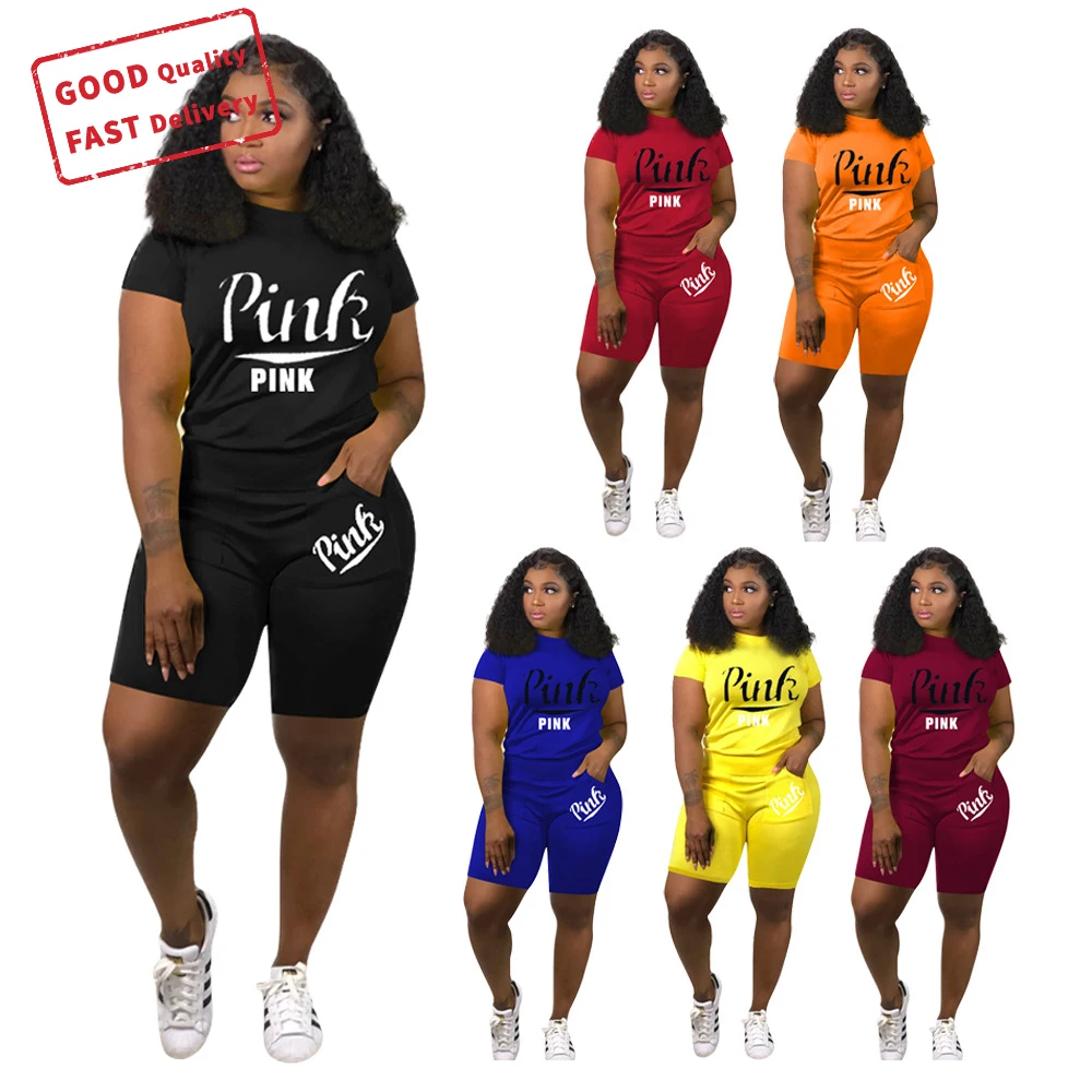 

GQ2330 2021 new arrivals women 2 piece set clothing letter printed short sleeves shorts women short set casual two piece set, Picture