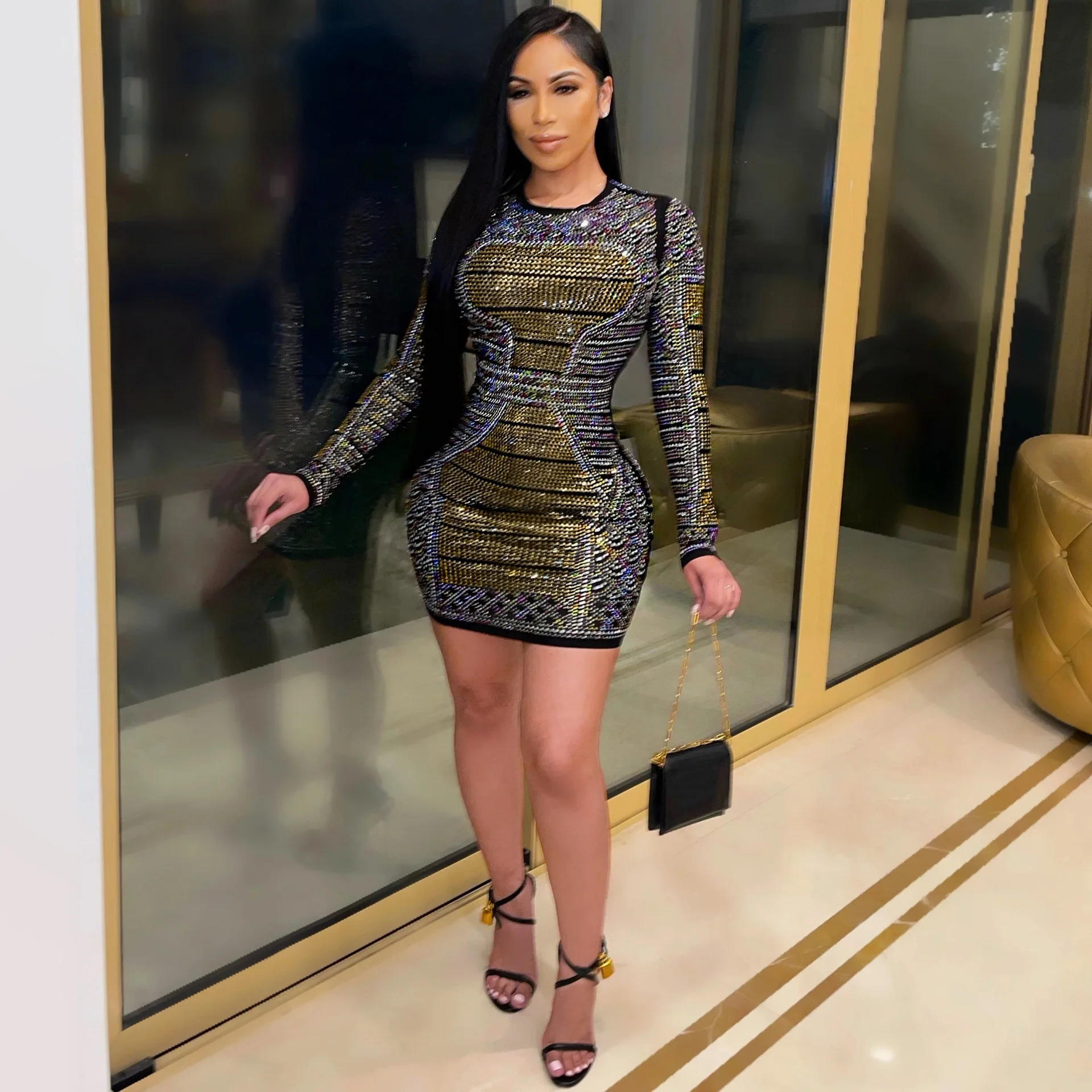

Factory Skirt New Nightclub Hot Rhinestone Color Diamond Long Sleeve Round Neck Casual Sexy Women Dress, Shown