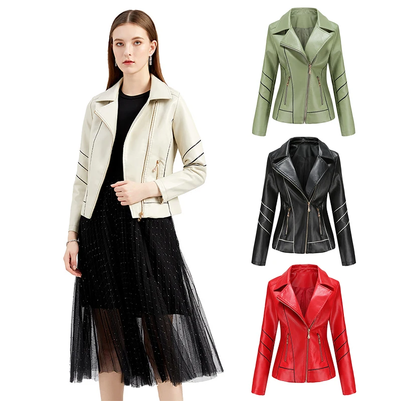 

2021 autumn and winter new women's thin PU short coat motorcycle suit Long sleeve solid women's jacket